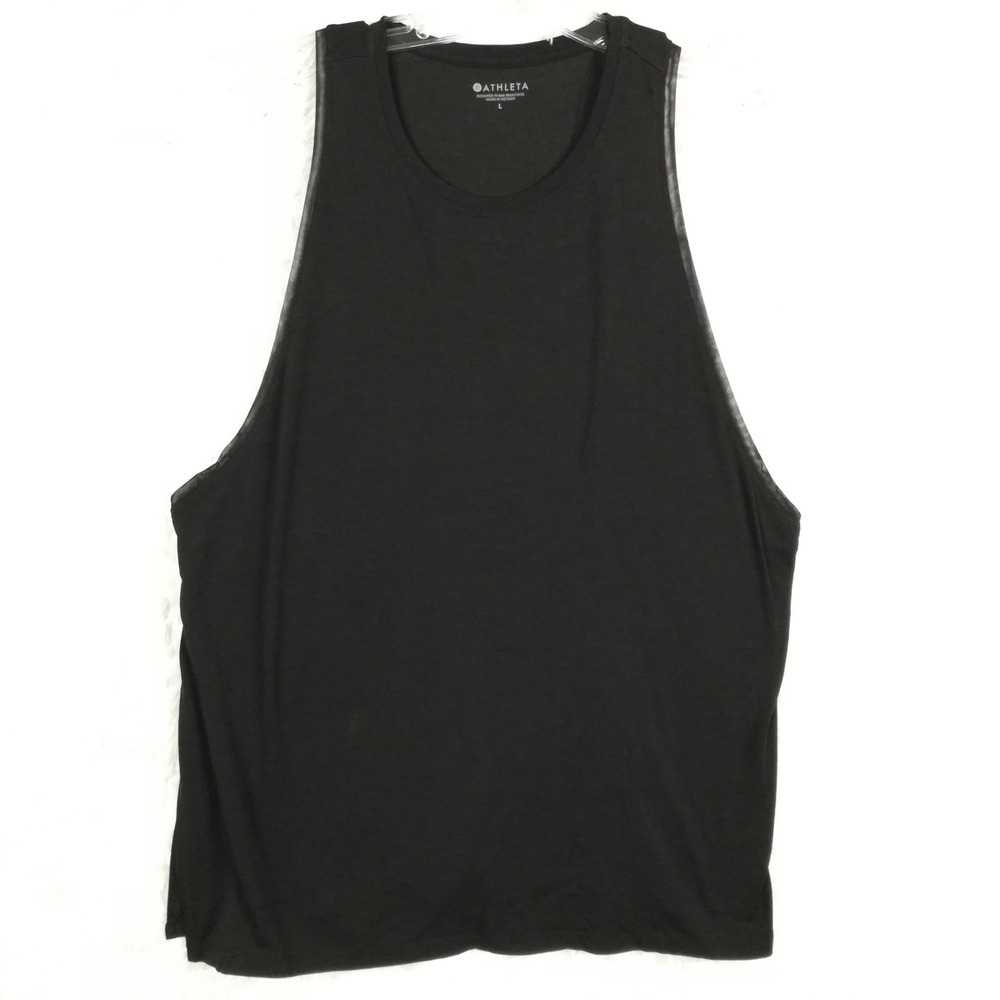 Athleta Womens Tank Top Black‎ Activewear Loose Running Mesh Trim Split Seam L